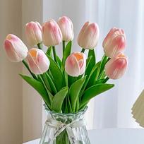 Shengshitaibao Artificial Tulips, Realistic Touch Fake Flowers for Desktop Decoration, Pink And White Tulips, Pack of 10