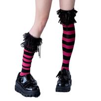 Womens Ruffled Lace Trim Thigh High Socks with Bowknot Gothic Punk Stripe Over Knee Stockings for Dresses and Skirts