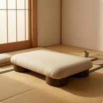 Small Rectangular Japanese Tatami Low Stool White Textile Dark Wooden Legs Upholstered