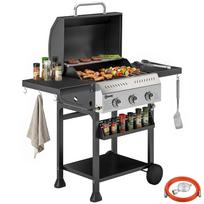 Gas Grill 9 KW 3 Burners BBQ Grill Cart Stainless Steel incl. Folding Side Table Spice Rack Lower Shelf 6 Hooks 123 x 57 x 102 cm juoda