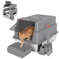 Cat Litter Box XXL Stainless Steel Litter Box 130L with 180° Folding Lid, High Side Walls, Scoop, Step, 70x50x43cm, Grey 70 x 50 x 43 cm pilka