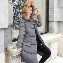 Moteriška žieminė pūkinė medvilninė striukė, paminkštinta striukė Parka, ilga kailinė apykaklė, didelė kišenė, užtrauktukas šiltas laisvas vienspalvis XL pilka spalva