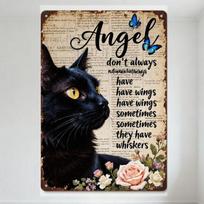 Vintage Black Cat Metal Sign with Yellow Eyes, 'Angel' Cursive Text, Butterflies, Rustic Whiskers Quote - Old Newspaper Backgrou 20x30cm（7.8x11.8inch）