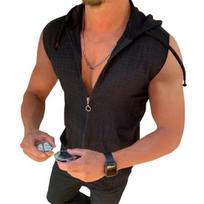 Plaid Stitching Zipper Placket Sweatshirt Vest Solid Color Drawstring Men Bodybuilding Hooded Vest Top Streetwear 2XL juoda