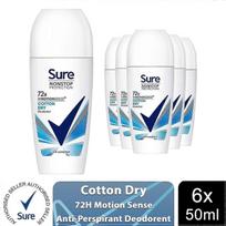 6x Sure Women Motion Sense AP Deodorant Roll-on 72H Nonstop, Cotton Dry, 50ml