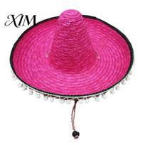 Adult Vacation Hat Mexican Sombrero with Colorful Poms, Hawaiian Style Woven Straw Sun Hat, Wide Brim Lightweight Unisex Party Costume for rožinė raudona spalva