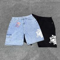 25 Cross-border European and American trendy brand Syna letter printing camouflage denim shorts men's and women's high street washed tooling S mėlyna