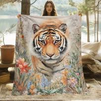 1pc Ultra Soft Lightweight Flannel Blanket with Vibrant Tiger & Floral Design - Cozy Warm Throw for Camping, Travel, Home Decor 75x90cm