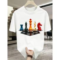 Photograph of Six Chess Pieces on A Black and White Checkered Board Crew Neck T-Shirt Women's Clothing S balta
