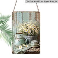 2D Flat Rustic Farmhouse Daisy Teapot Coffee Cup Vintage Metal Sign - 8.0x12.0inch Aluminum Wall Art, Country Kitchen Farmhouse Wall Decor 20*30cm