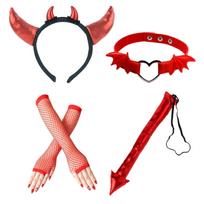 Devil Costume Accessories Set for Halloween - Headband Choker Gloves Tail One Size raudona