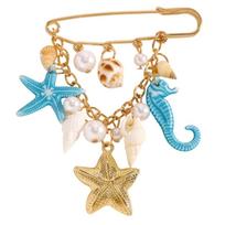 Gold Color Imitation Pearl Brooch Metal Chain Tassel Starfish Brooch Pin  For Women Style-5