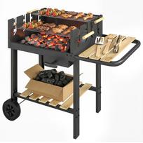 Charcoal Grill Cart with 4-Way Height-Adjustable Grill Grate, 2 Wood Shelves, 2 Wheels, Ash Tray, 99,5 x 58 x 82 cm 99.5 x 58 x 82 cm juoda