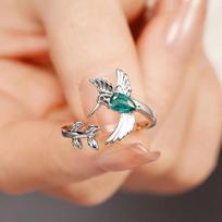 Huitan Gorgeous Lovely Bird Opening Ring for Women Creative Delicate Finger Accessories with Green CZ Trendy Fancy Party Zircon resizable