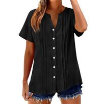 Womens ShrotSleeveTops Cotton Linen Button Down Shirts V Neck Pleated Casual Loose Sleeve Shirt L juoda