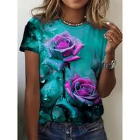 Women's Tee - Dewy Rose Graphic, Vibrant Floral Print Design for Casual Daily Wear S