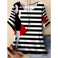 Juodai baltų dryžuotas marškinėlis moteriškas vasarinis laisvas Korėjietiškos mados margintas trumpomis rankovėmis viršus S gray