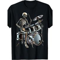 European Sizes Men'S Vintage Gothic Rocker Skeleton Drumming Graphic T-Shirt  Tee with Skull Drummer Print, Round Neck Short Sleeve for Halloween, S juoda