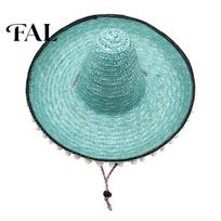 Adult Vacation Hat Mexican Sombrero with Colorful Poms, Hawaiian Style Woven Straw Sun Hat, Wide Brim Lightweight Halloween Costume Party dangaus mėlyna spalva