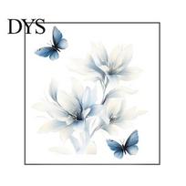 Peel And Stick Ink Wash Wall Decor Ink-Washed Blue Floral Stickers with Butterflies, Delicate Lily Decals for Living Room Bedroom Glass Windows, A