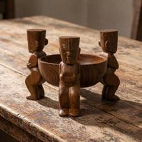 African Figure Fruit Bowl Wood Finish Tabletop Dry Dish Hand Carved Wooden