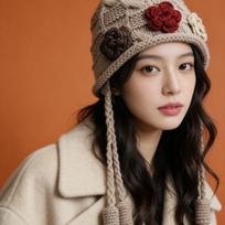 Women's Hats Autumn and Winter Hats Knitted Head Wrap Warm Crochet Floral Ethnic Tassel Hat 54-60cm