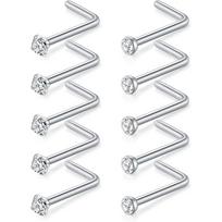 Set of 10 Nose Rings, Zirconia/Diamond Studs, Surgical Steel, Unisex, 2 Styles, 7mm, Silver Tone