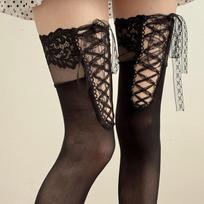 Women's Lace Stockings Thigh High Sheer Nylon Floral Lace Top Front Lace Up Ribbon Bow Footed Hosiery Cosplay Party Lolita Lingerie Long Socks One size fits all