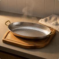 Hammered Stainless Steel Serving Pan Loop Handles Raised Rims Silver S