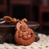 1Pc Peach Wood Carving Buckle Lucky Buddha Pendant Keychain For Car One Size
