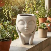 Girl Figure Planter Matte Pale White Resin Anti Slip Pads Hear No