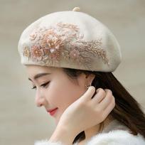 Women's Hat Fall and Wintereleganthandmade Embroider Beret Women's Easiest for Match British Retro Woolen Artsy Painter Beret Hat pilkšvai balta