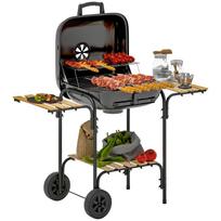 Charcoal Grill Made of Steel Grill Cart with Lockable Lid Grill Grate Wheels Handle Wood Shelf 98 x 54 x 91 cm Black 98 x 54 x 91 cm juoda