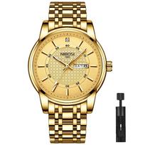 NIBOSI Classic Gold Stainless Steel Business Stylish Metal Date and Day Fluorescent Perfect Gift for Men Men's Wristwatch, Watch, Waterproof, Analog,