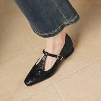 Krazing Pot Genuine Leather Square Toe Low Heels Summer Shoes Big Size 42 Buckle Straps Women Shallow Pumps 34 juoda