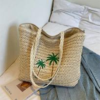 Summer Beach Straw Bag with Palm Tree Embroidery Large Woven Tote for Women Casual Shoulder Handbag for Vacation KTB 44x13x31cm smėlis