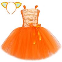 Orange Cat Princess Tutu Skirt: Girls' Cartoon Animal Mesh Dress 10-12Y (145-155cm)