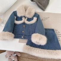 Children's Sets Girls' Fleece-Lined Denim Set Korean Winter Jacket Skirt Thickened Outfit Toddlers 80cm mėlyna