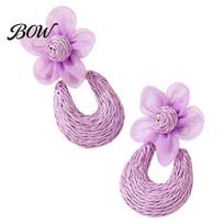 Raffia Braided Hoop Earrings 1 Pair Flower Drop for Women, Boho Summer Outfit Oval Statement Dangle Earrings, Bohemian Beach Vacation Jewelry