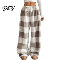 Cozy Fleece House Pants Women Plaid Wide Leg Pants, Drawstring High Waist Thick Coral Breathable Thermal Lounge Trousers Warm Loungewear, Anti-Pilling XXL chaki
