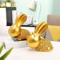 Hare Statues Pair Seated Bunny Figurines Textured Torso Golden for Shelf, Cabinet