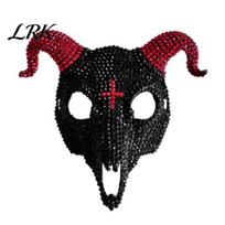 Halloween Rhinestone Mask Goat Head Skull Mask, Horror Animal Scary Party Face Horned Devil Masquerade Cosplay Costume Prop for Adults Sparkling