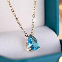 Topaz Blue Crystal Water Drop Pendant Necklace for Women Gold Chain Wedding Jewelry Gift Gold