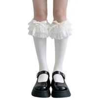 Lovely Medium Length Socks Showcasing Delicate Lace And Knot Design Great For Frilly Fashion Followers balta