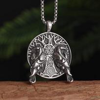 Vintage Raven Skull Necklace Norse Mythology Odin Huginn and Muninn Pendant Men\\'s Biker Punk Jewelry