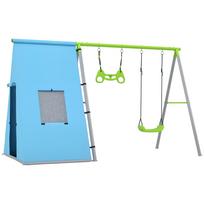 3-in-1 Swing Set, Play Tent, Swing, Gymnastic Rings, Metal, Plastic, Green 283 x 180 x 182 cm