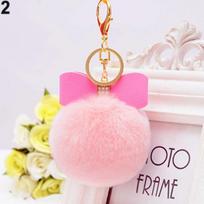 Fur Pom Pom Fluffy Puff Ball Bowknot Automobilinis krepšys Raktų pakabuko žiedas Raktų pakabukas rožinė