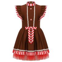 Girls Gingerbread Costume Christmas Theme Flying Sleeve Stripes Design Tutu Dress Dance Party Dress Up 5-6 Years ruda