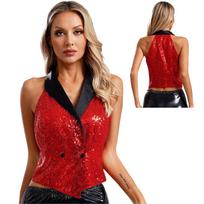 Women Sequin Suit Vest Glitter Dressy Waistcoat Rave Party Disco Costume Sparkly Modern Dance Tops S raudona