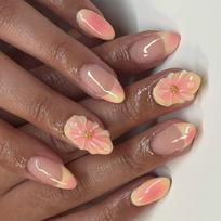 French Style Almond Artificial Nail With 3D Floral Accents Yellow To Pink Gradient Easy Application For Daily Wear 1